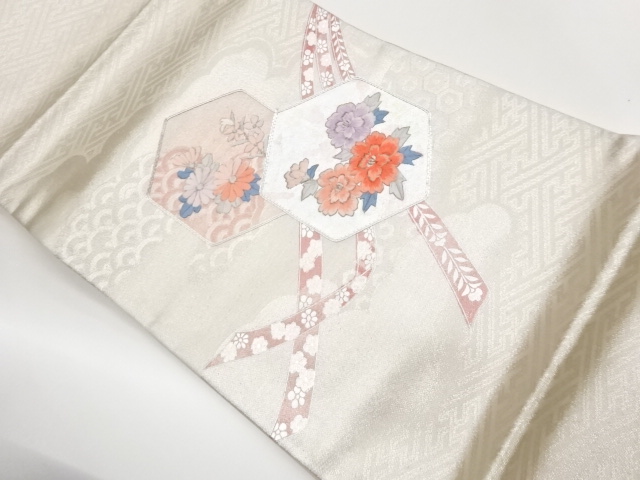 銀駒刺繍亀甲に鬘帯・花々模様開き名古屋帯（額縁仕立て）